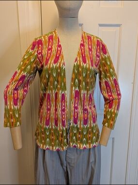 Jones New York Pink, Green & Orange Open-Front Patterned Cardigan